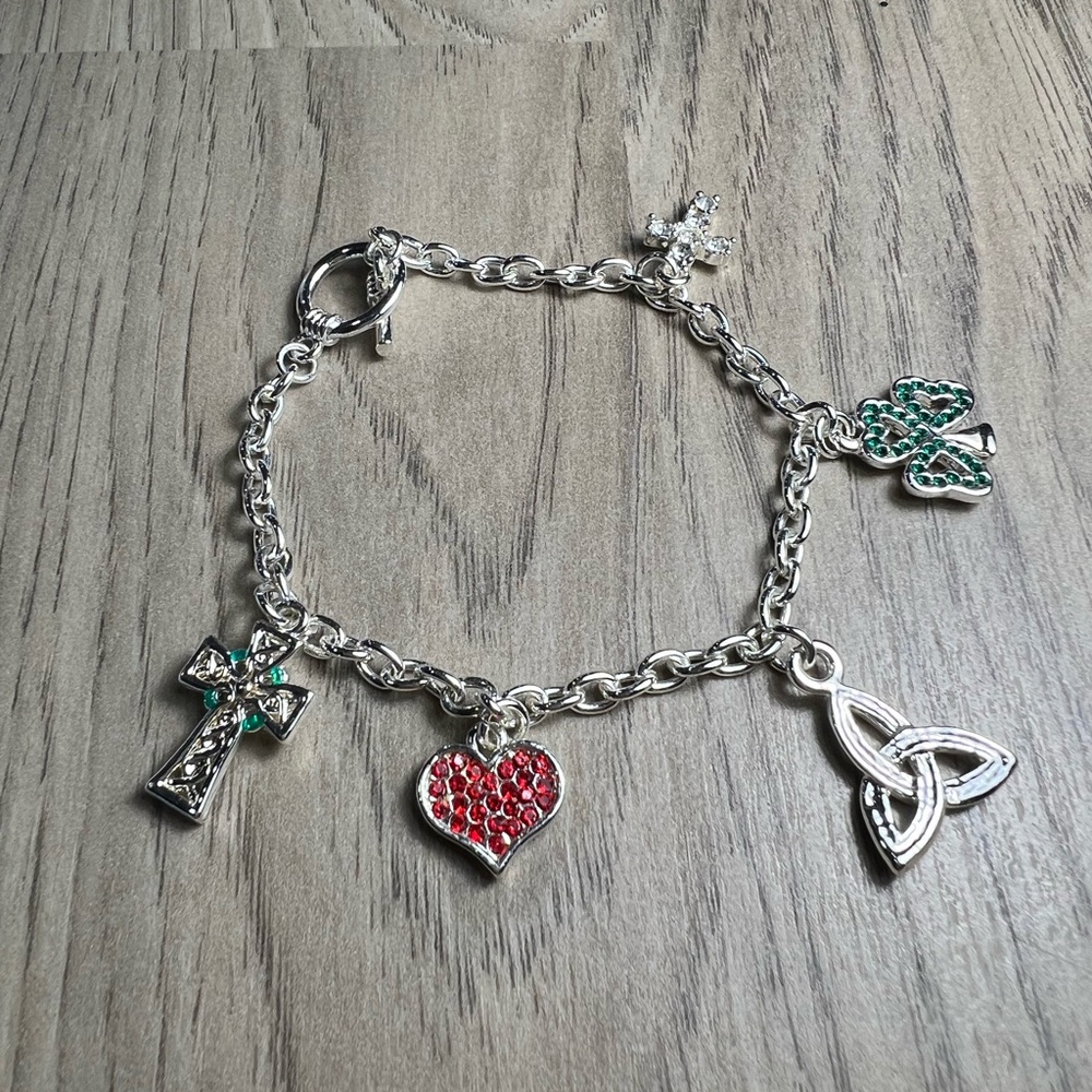 Killarney Crystal Irish Symbols Silver Colored Charm Bracelet 7in